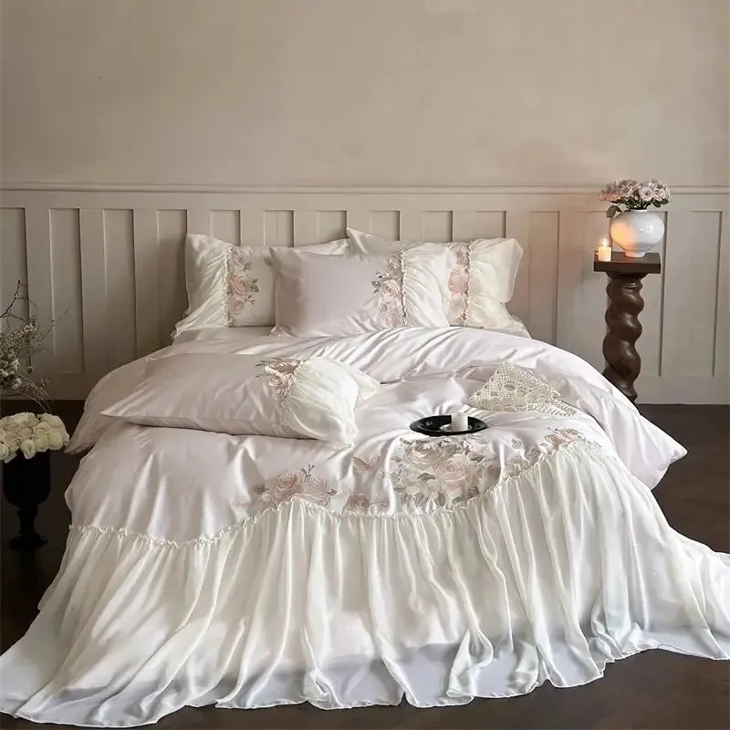 Flytonn-1000TC Egyptian Cotton Romantic French Wedding Bedding Set Lace Ruffles Flowers Embroidery Duvet Cover Bed Sheet Pillowcase 4Pcs