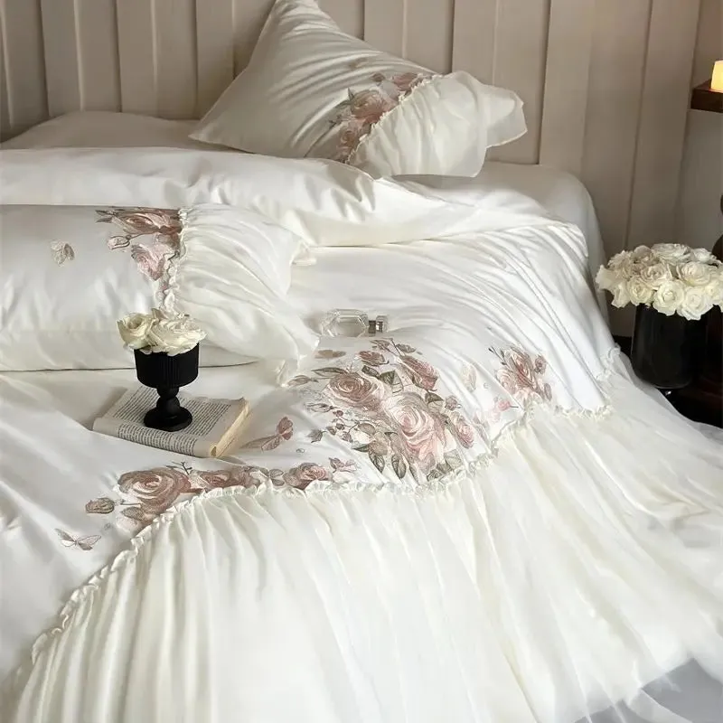 Flytonn-1000TC Egyptian Cotton Romantic French Wedding Bedding Set Lace Ruffles Flowers Embroidery Duvet Cover Bed Sheet Pillowcase 4Pcs