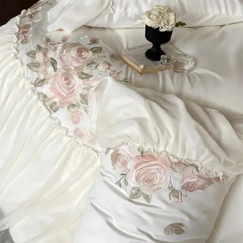 Flytonn-1000TC Egyptian Cotton Romantic French Wedding Bedding Set Lace Ruffles Flowers Embroidery Duvet Cover Bed Sheet Pillowcase 4Pcs