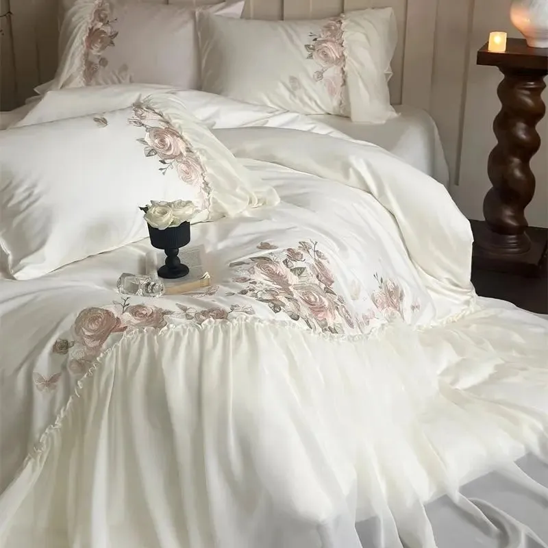 Flytonn-1000TC Egyptian Cotton Romantic French Wedding Bedding Set Lace Ruffles Flowers Embroidery Duvet Cover Bed Sheet Pillowcase 4Pcs