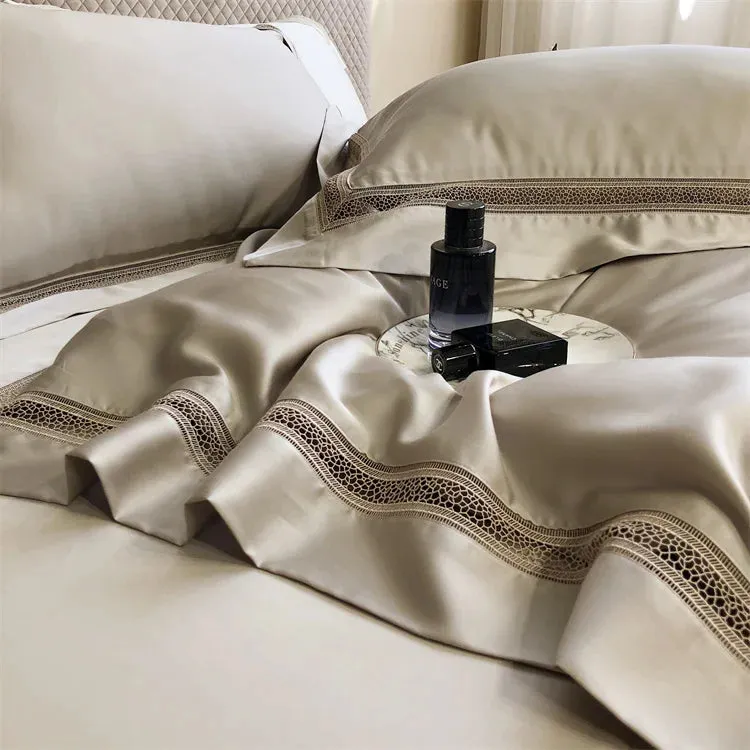 Flytonn-1000TC Egyptian Cotton Soft Cozy Bedding Set, Hollow Lace, Broad Side, Duvet Cover, Flat, Fitted Bed Sheet, Pillowcases, Luxury