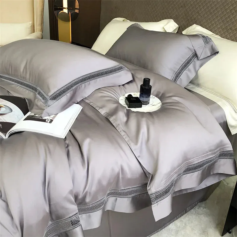 Flytonn-1000TC Egyptian Cotton Soft Cozy Bedding Set, Hollow Lace, Broad Side, Duvet Cover, Flat, Fitted Bed Sheet, Pillowcases, Luxury