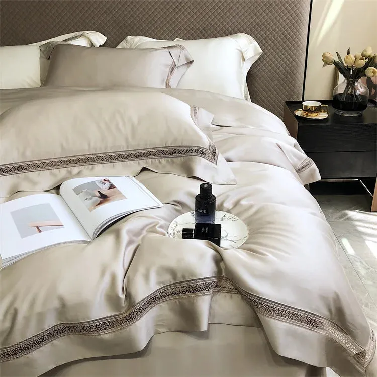 Flytonn-1000TC Egyptian Cotton Soft Cozy Bedding Set, Hollow Lace, Broad Side, Duvet Cover, Flat, Fitted Bed Sheet, Pillowcases, Luxury