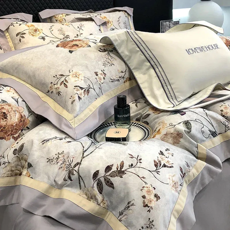 Flytonn-1000TC Egyptian Cotton Vintage Flowers Printed Bedding Set Duvet Cover Set Flat/Fitted Bed Sheet Set With Pillowcases bed set