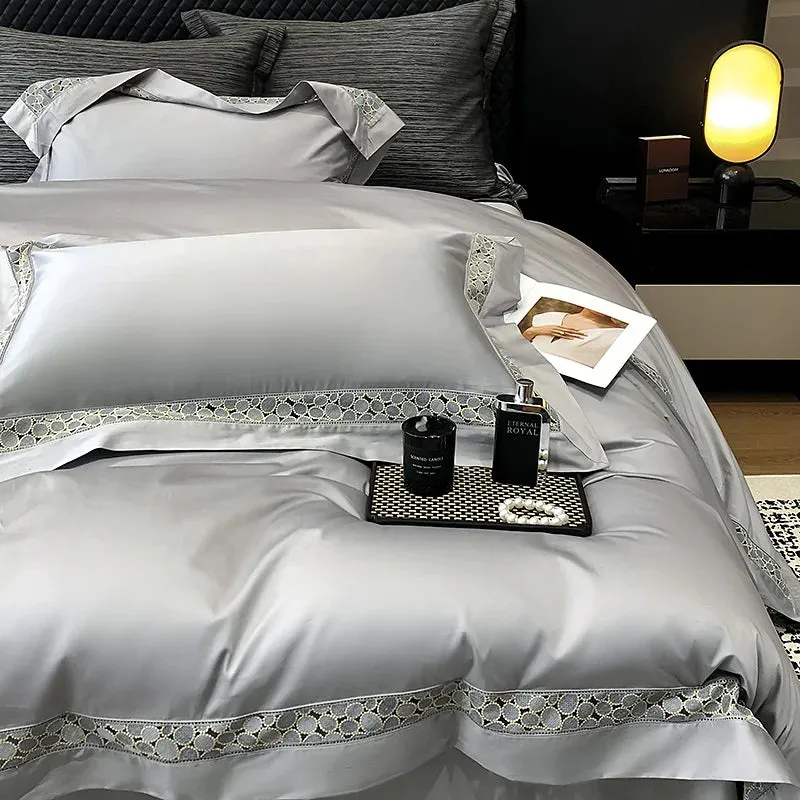 Flytonn-1200TC Egyptian Cotton Brown Hollow Lace Wide Edge Embroidery Bedding Set Duvet Cover Set Flat/Fitted Bed Sheet Pillowcases 4Pcs