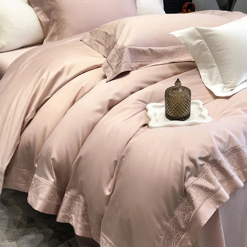 Flytonn-35% Cotton   65% Lyocell Natural Skin-friendly Bedding Set Luxury Embroidery Wide Edge Duvet Cover Set Bed Sheet Pillowcase 4Pcs