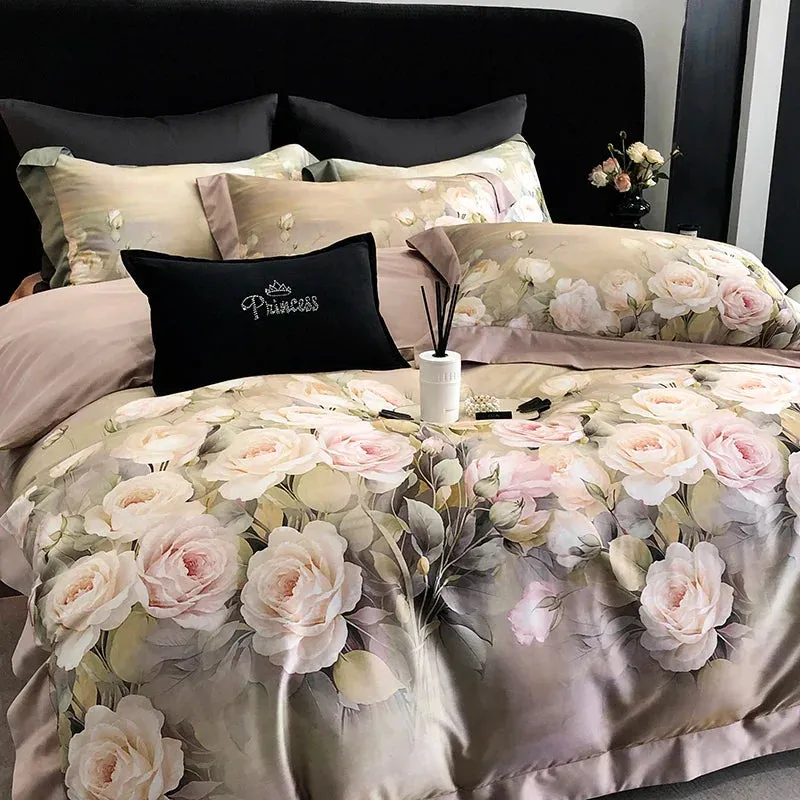 Flytonn-4Pcs Luxury Digital Printing Flowers Bedding Set Lyocell Cotton Brushed Fabric Duvet Coves Set Flat/Fitted Bed Sheet Pillowcases