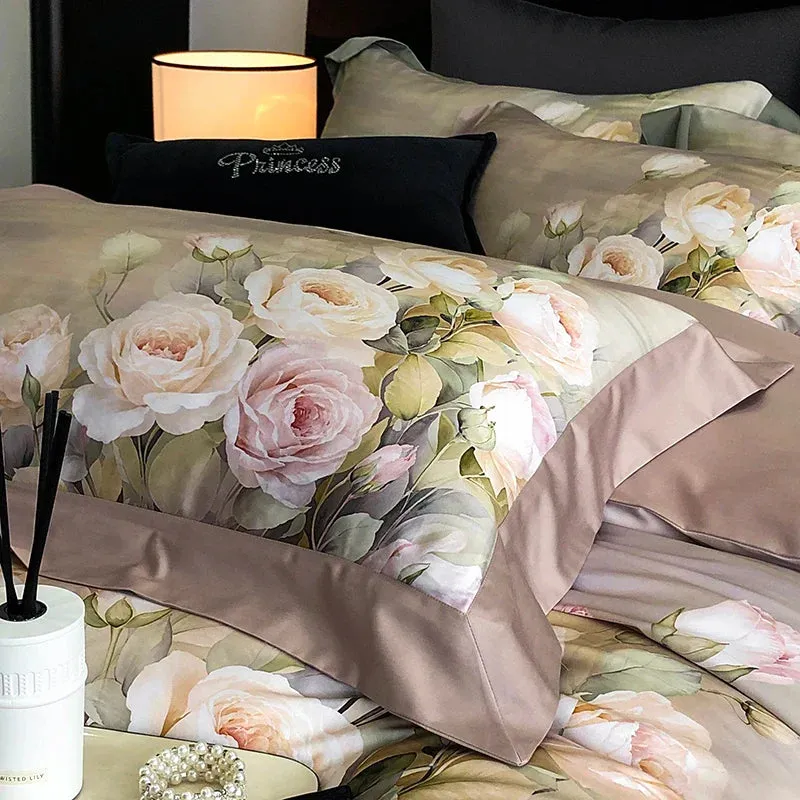 Flytonn-4Pcs Luxury Digital Printing Flowers Bedding Set Lyocell Cotton Brushed Fabric Duvet Coves Set Flat/Fitted Bed Sheet Pillowcases