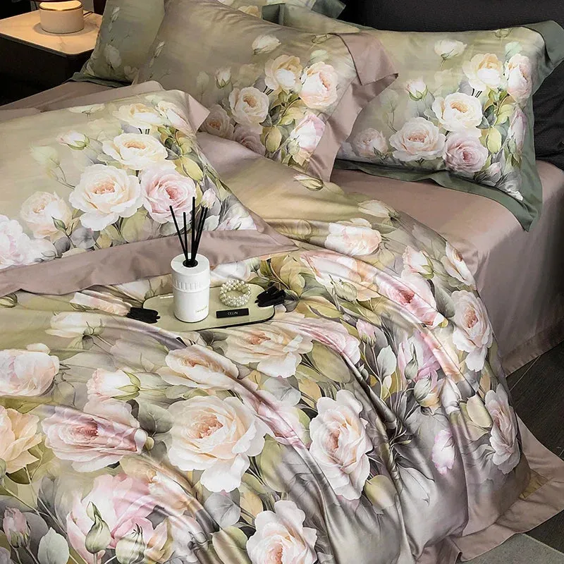 Flytonn-4Pcs Luxury Digital Printing Flowers Bedding Set Lyocell Cotton Brushed Fabric Duvet Coves Set Flat/Fitted Bed Sheet Pillowcases