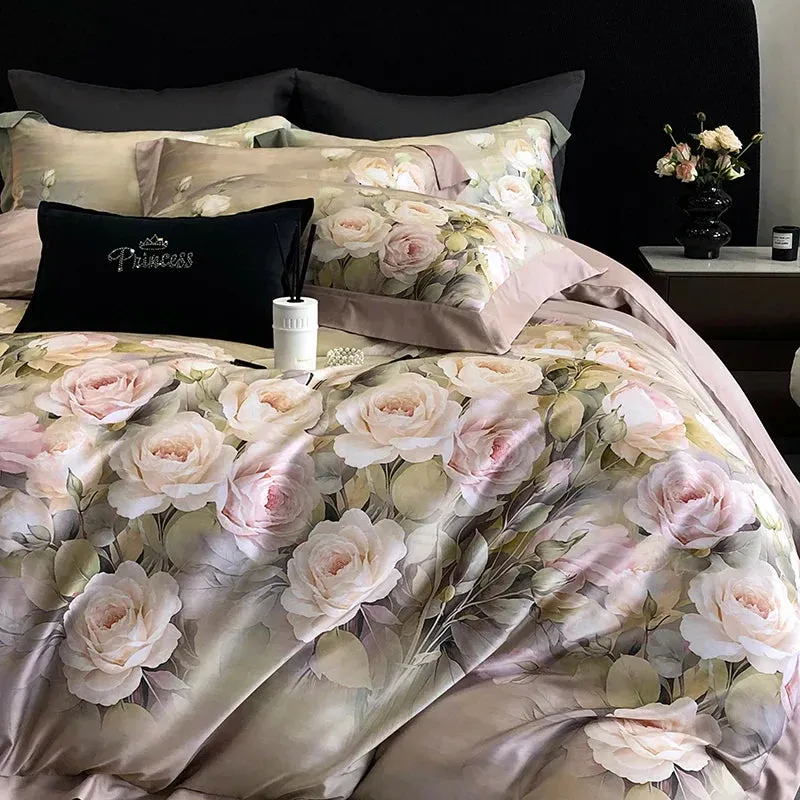 Flytonn-4Pcs Luxury Digital Printing Flowers Bedding Set Lyocell Cotton Brushed Fabric Duvet Coves Set Flat/Fitted Bed Sheet Pillowcases