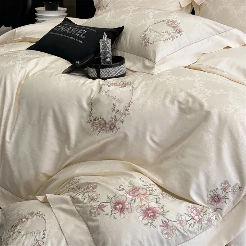 Flytonn-4Pcs Luxury Satin Jacquard Egyptian Cotton Bedding Set Soft Silky Chic Flowers Embroidery Duvet Cover Set Bed Sheet Pillowcases