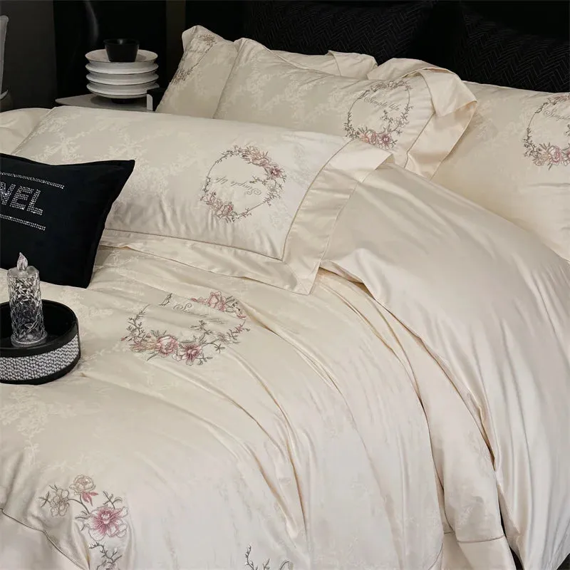 Flytonn-4Pcs Luxury Satin Jacquard Egyptian Cotton Bedding Set Soft Silky Chic Flowers Embroidery Duvet Cover Set Bed Sheet Pillowcases