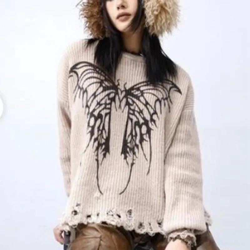 Flytonn-Butterfly Graphic Print Knitted Sweater Autumn Long Sleeve Crew Neck Pullovers Tops Y2k Cottage Grunge Warm Knitwear Women