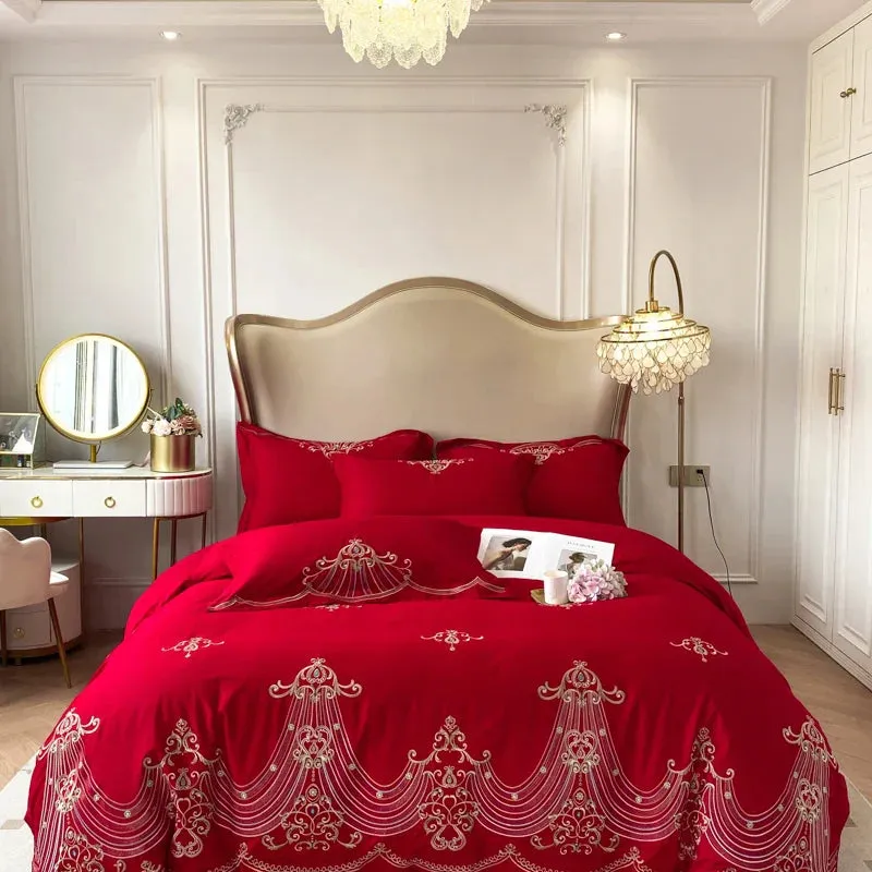 Flytonn-European Style Luxury Embroidery Bedding Set, 100% Cotton, Wedding Bedding, Duvet Cover, Bed Sheet, Fitted Sheet, Pillowcases