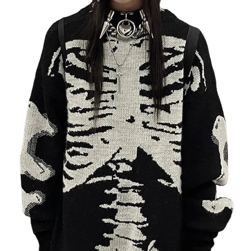 Flytonn-Halloween Outfits Halloween Gifts Gothic Style Gothic Aesthetic Skeleton Sweaters Grunge Punk Loose Black Women Winter Pullovers camisola feminina plus size