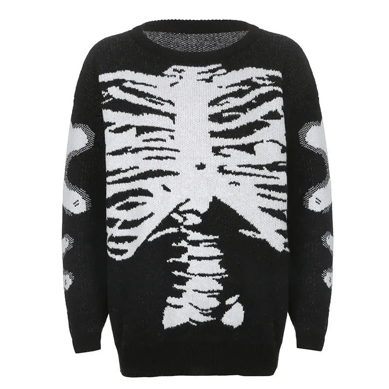 Flytonn-Halloween Outfits Halloween Gifts Gothic Style Gothic Aesthetic Skeleton Sweaters Grunge Punk Loose Black Women Winter Pullovers camisola feminina plus size