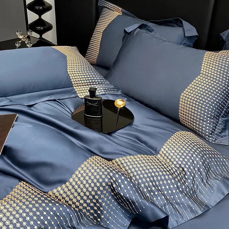 Flytonn-Luxury Bedding Set 1000TC Long-staple Cotton Embroidery Blue White Champagne Duvet Cover Set Flat/Fitted Bed Sheet Pillowcases