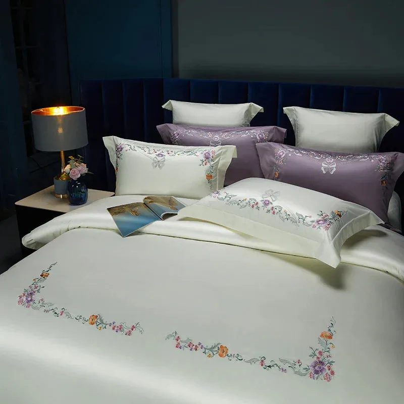 Flytonn-Luxury Bedding Set, Elegant Flowers Embroidery, Soft 100S Egyptian Cotton, Queen, King, Duvet Cover Set, Flat Sheet, Pillowcases