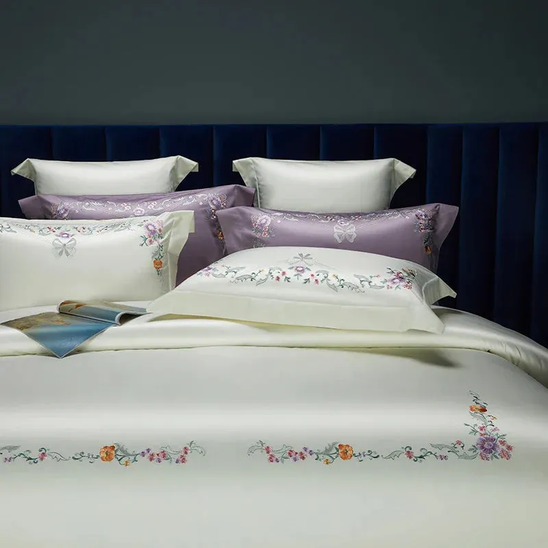 Flytonn-Luxury Bedding Set, Elegant Flowers Embroidery, Soft 100S Egyptian Cotton, Queen, King, Duvet Cover Set, Flat Sheet, Pillowcases