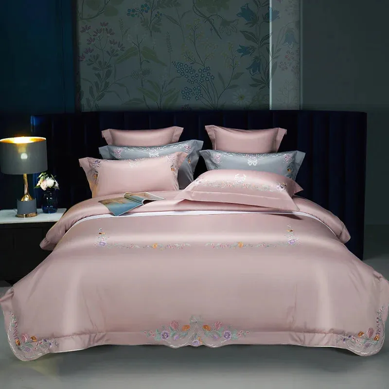 Flytonn-Luxury Bedding Set, Elegant Flowers Embroidery, Soft 100S Egyptian Cotton, Queen, King, Duvet Cover Set, Flat Sheet, Pillowcases