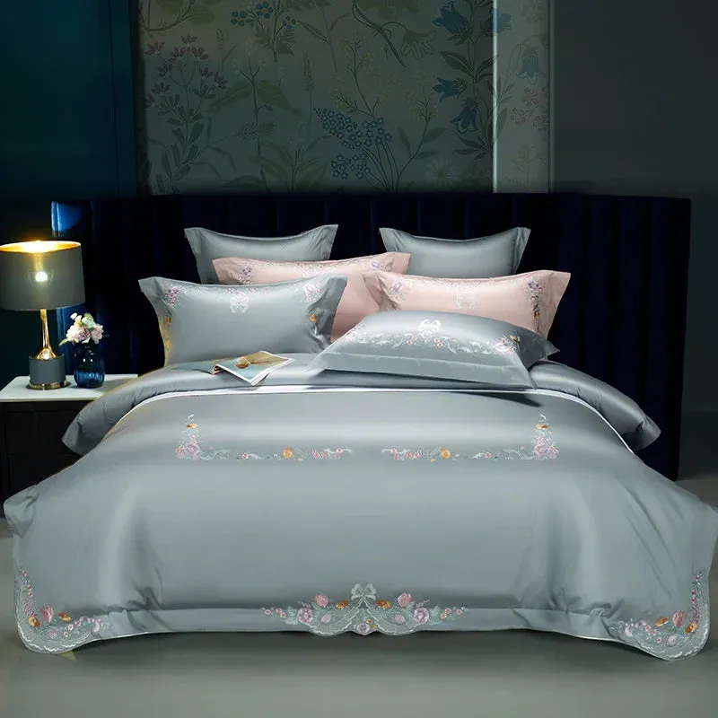 Flytonn-Luxury Bedding Set, Elegant Flowers Embroidery, Soft 100S Egyptian Cotton, Queen, King, Duvet Cover Set, Flat Sheet, Pillowcases