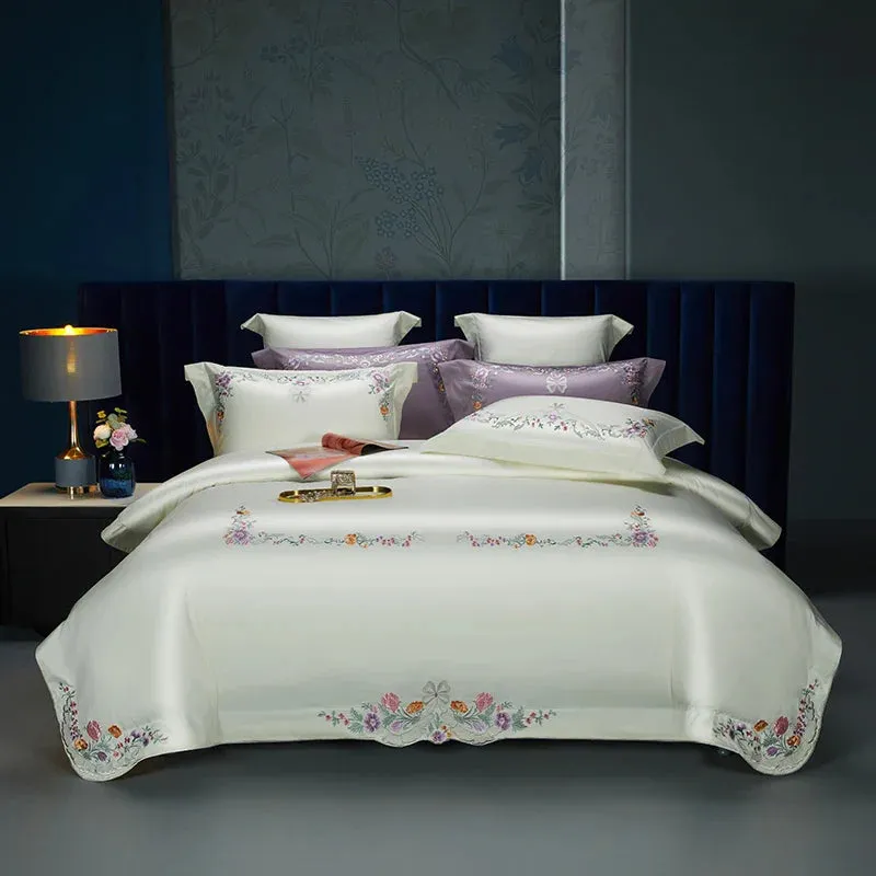 Flytonn-Luxury Bedding Set, Elegant Flowers Embroidery, Soft 100S Egyptian Cotton, Queen, King, Duvet Cover Set, Flat Sheet, Pillowcases