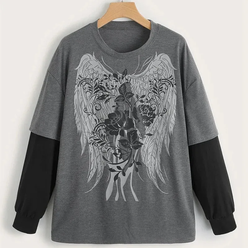 Flytonn-Wing Print y2k Tee Gothic Graphic Fake Two Piece Harajuku Aesthetic Vintage Crop Top Women Long Sleeve Fairy Grunge 00s T-shirt