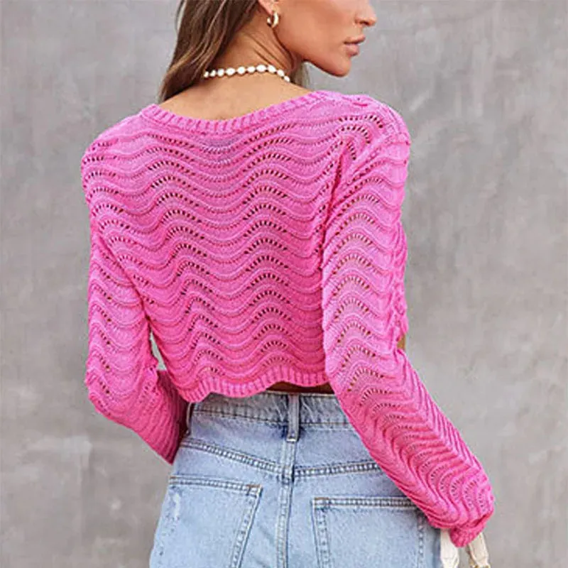 Flytonn-Y2K Wave Knit Pullover Long Sleeve O-neck Crochet Short Crop Top Women Chic Aesthetic Sweaters Full 2000s Casual Streetwear