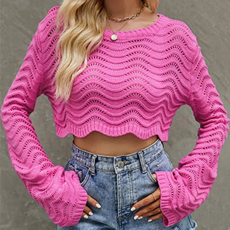 Flytonn-Y2K Wave Knit Pullover Long Sleeve O-neck Crochet Short Crop Top Women Chic Aesthetic Sweaters Full 2000s Casual Streetwear