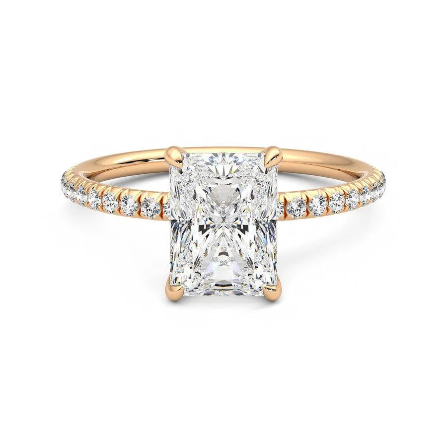 Four-Prong Radiant Cut Moissanite Engagement Ring with Hidden Anniversary Stone Accent