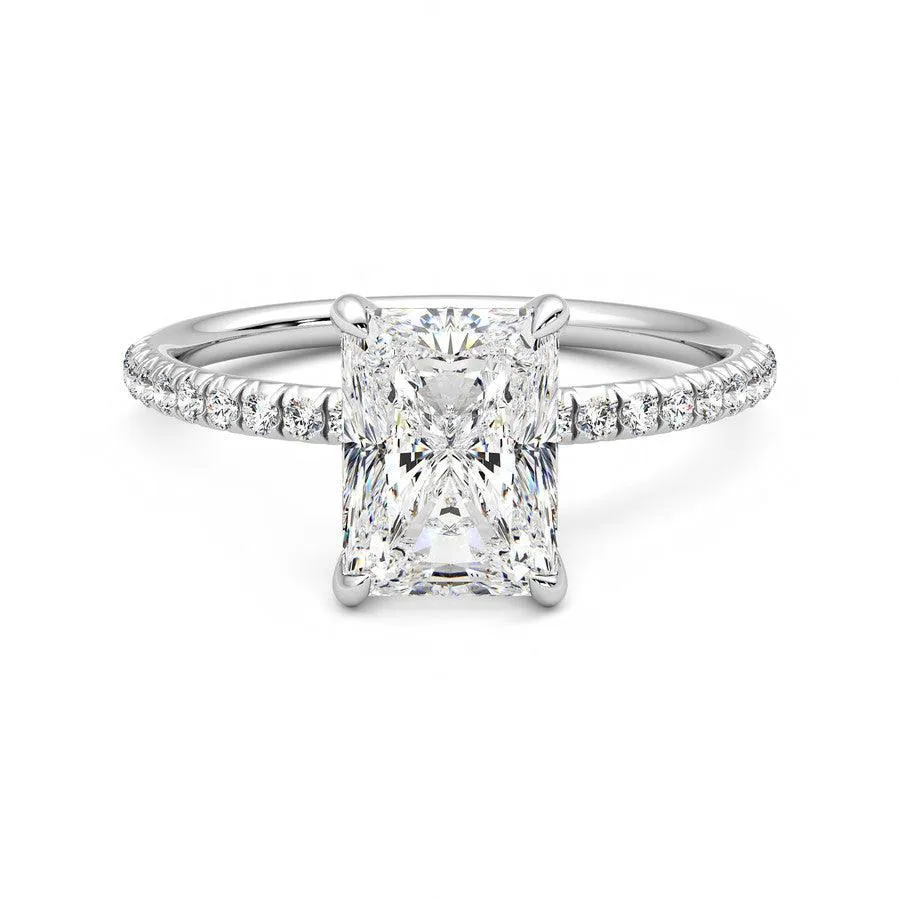 Four-Prong Radiant Cut Moissanite Engagement Ring with Hidden Anniversary Stone Accent