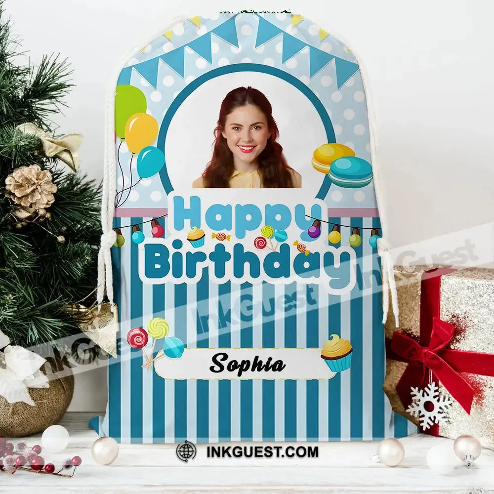 Happy Birthday White Blue Bag Personalized Christmas String Bag