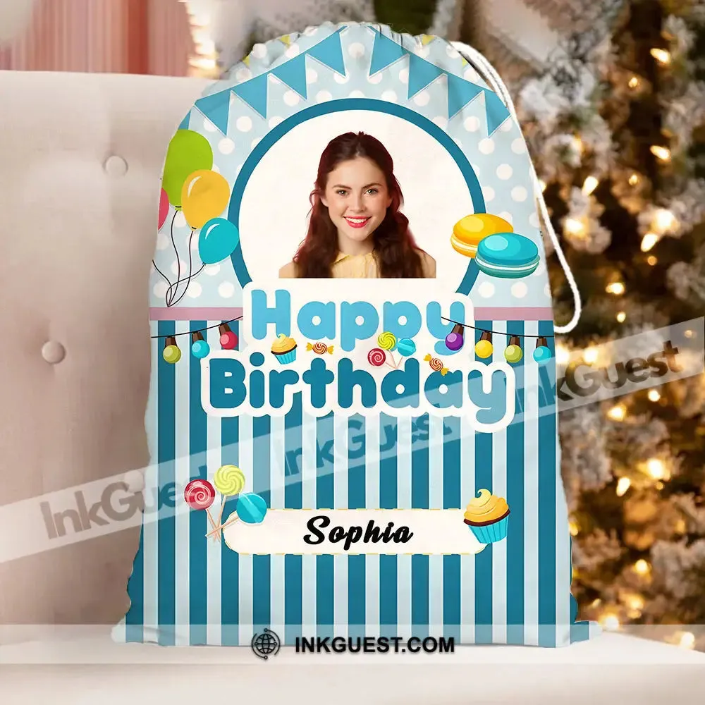 Happy Birthday White Blue Bag Personalized Christmas String Bag