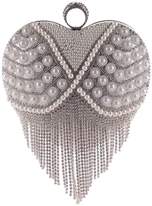 Luxury Silver Heart Shape Tassel Rhinestones Party Clutch Bag/Purse/Handbag