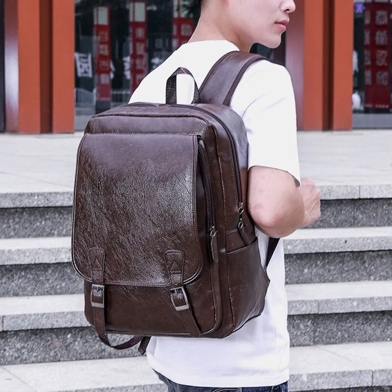 Men Business Large Capacity Backpack Vintage Soft Leather Waterproof Wear-resistant 15.6 Inch Laptop Bag