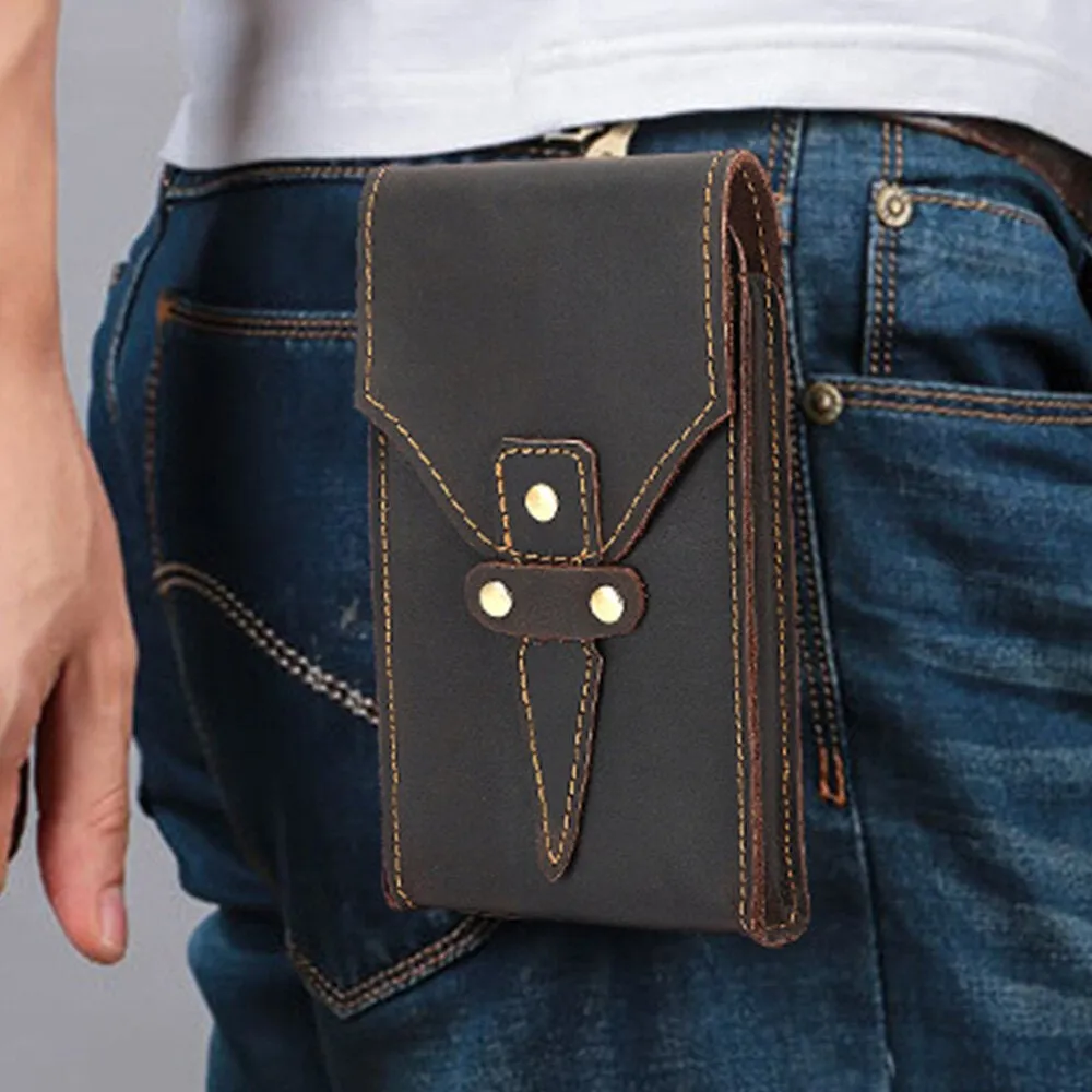 Men Genuine Leather Hasp Large Capacity Waist Bag Retro 5.5 Inch Phone Belt With Hook