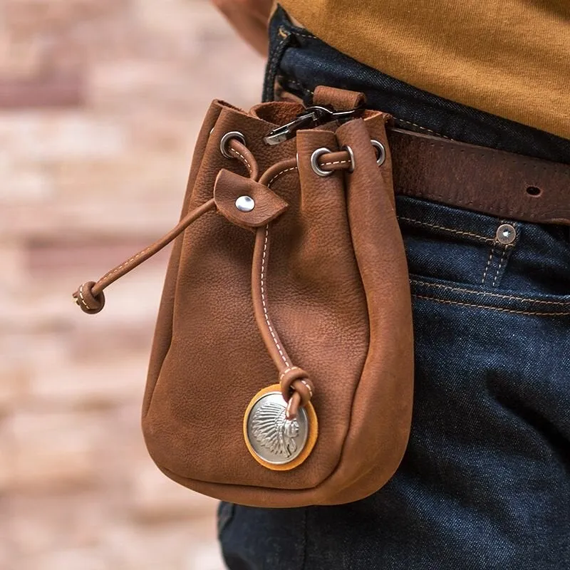 Men Genuine Leather Retro String Pocket Badge Decoration Waist Bag 6.3 Inch Phone