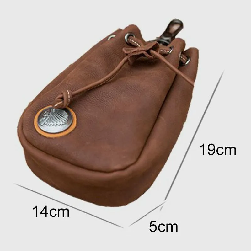 Men Genuine Leather Retro String Pocket Badge Decoration Waist Bag 6.3 Inch Phone