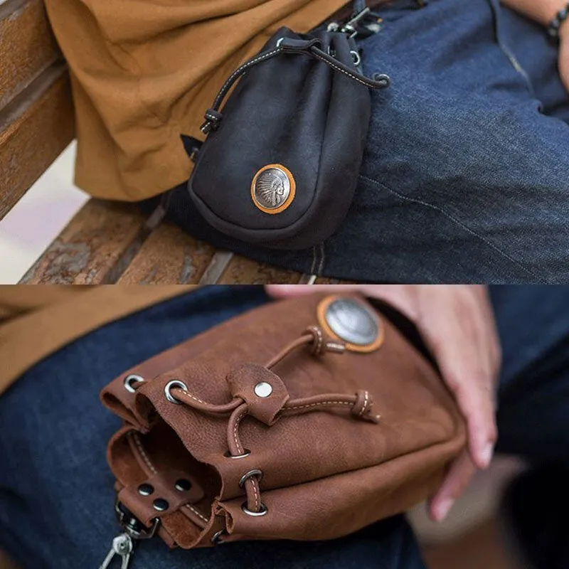 Men Genuine Leather Retro String Pocket Badge Decoration Waist Bag 6.3 Inch Phone