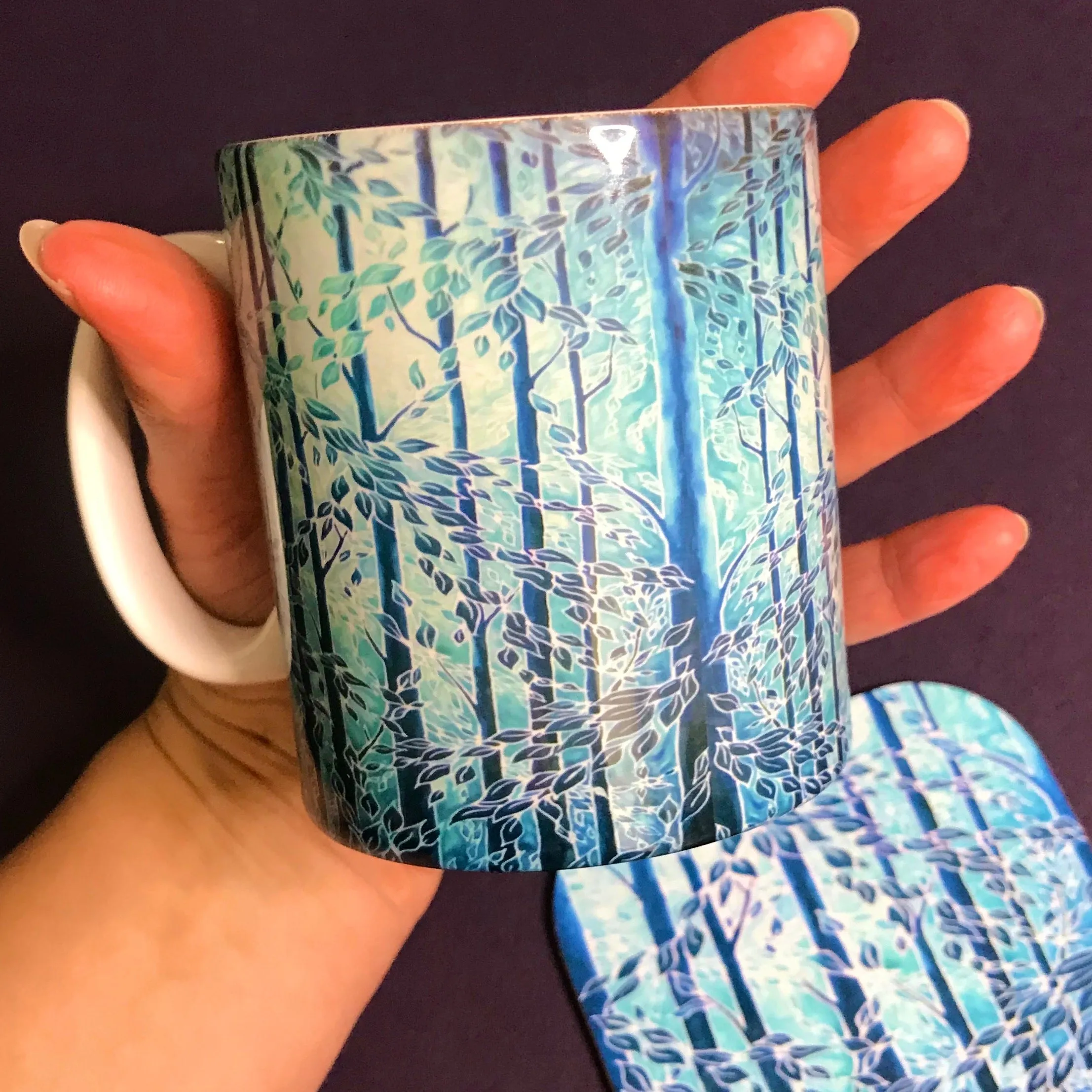 Mint Teal Trees Mug - Woods Mug Box Set -  Blue Teal Turquoise Mug