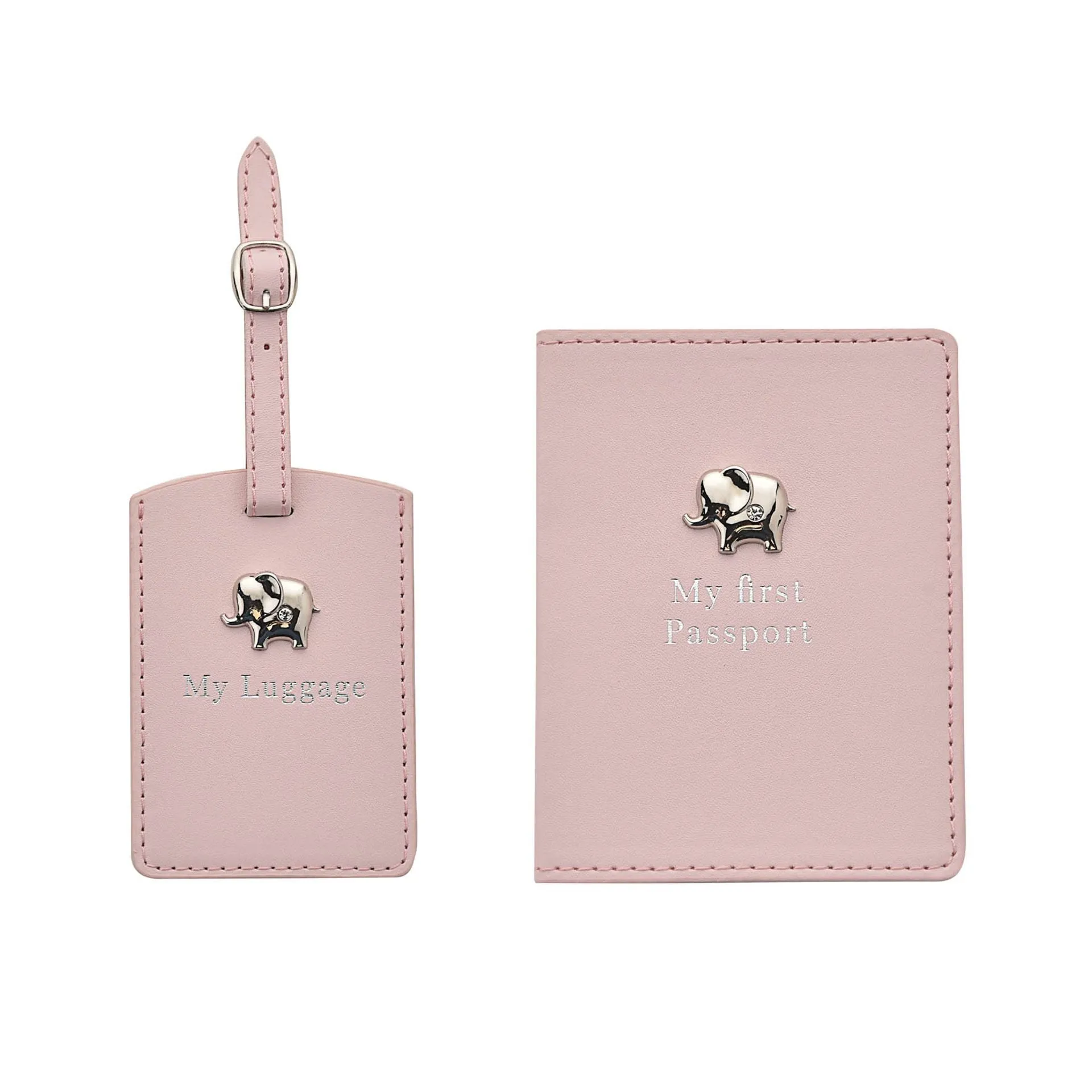 New Baby Girl Gift Pink Passport Holder & Luggage Tag Set With Elephant Design