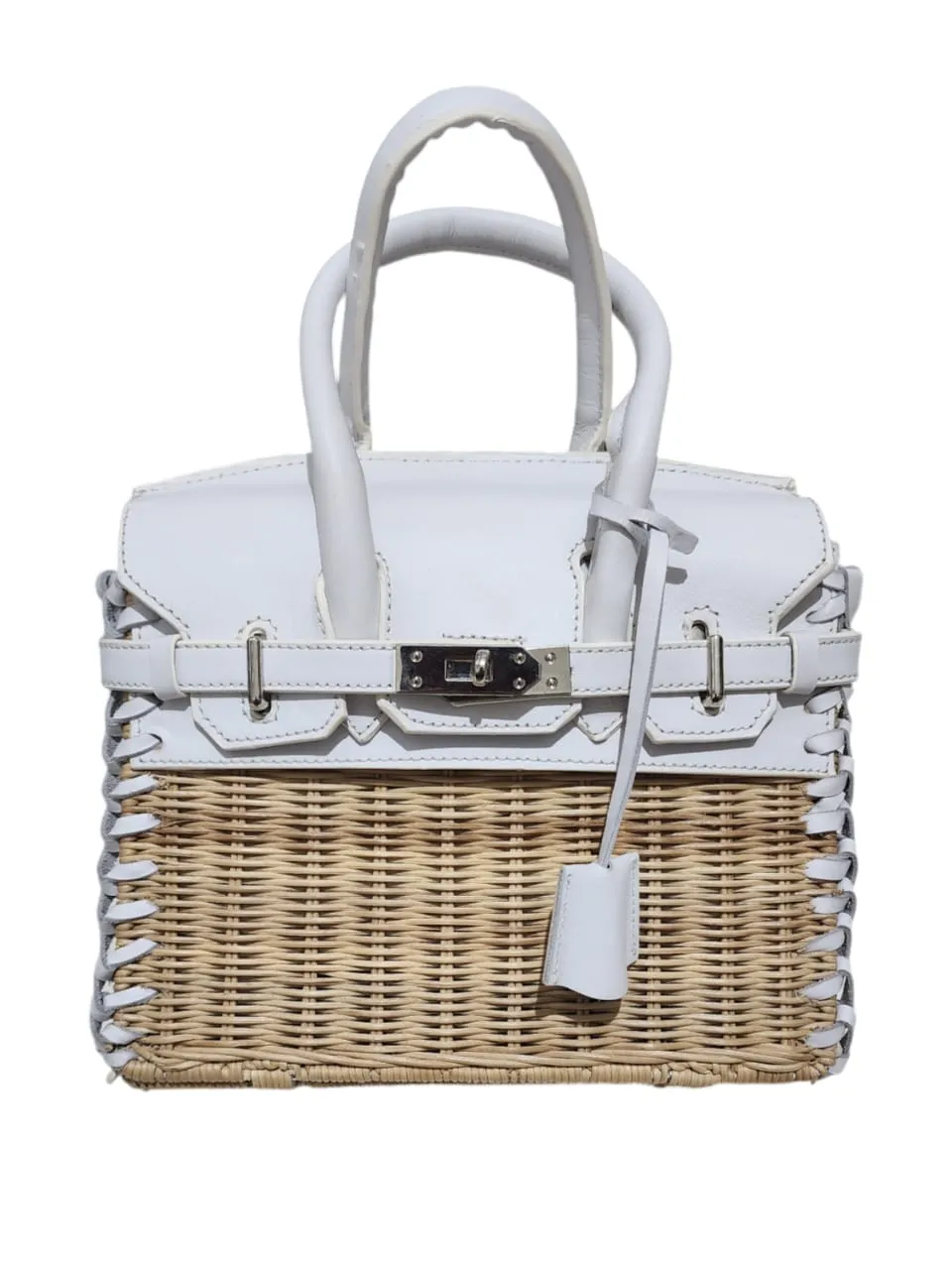 Only 1 left1! White genuine leather - Handmade wicker bag, Small size (25cm)