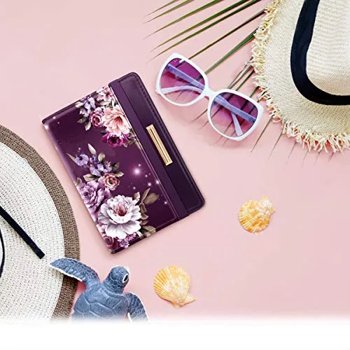 Passport Holder,RFID Blocking Passport Cover Cute Floral Traveling Passport Wallet for Women Purple Flowers.