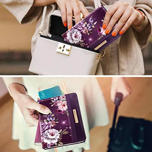 Passport Holder,RFID Blocking Passport Cover Cute Floral Traveling Passport Wallet for Women Purple Flowers.