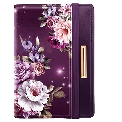 Passport Holder,RFID Blocking Passport Cover Cute Floral Traveling Passport Wallet for Women Purple Flowers.