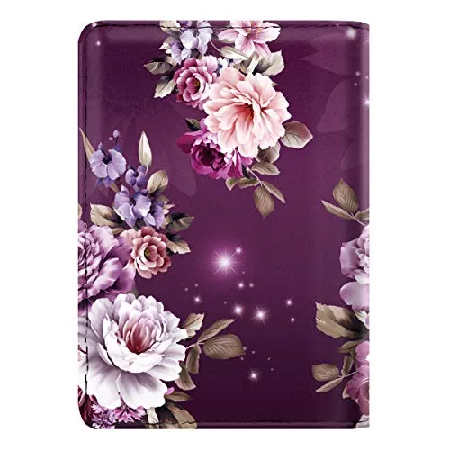 Passport Holder,RFID Blocking Passport Cover Cute Floral Traveling Passport Wallet for Women Purple Flowers.