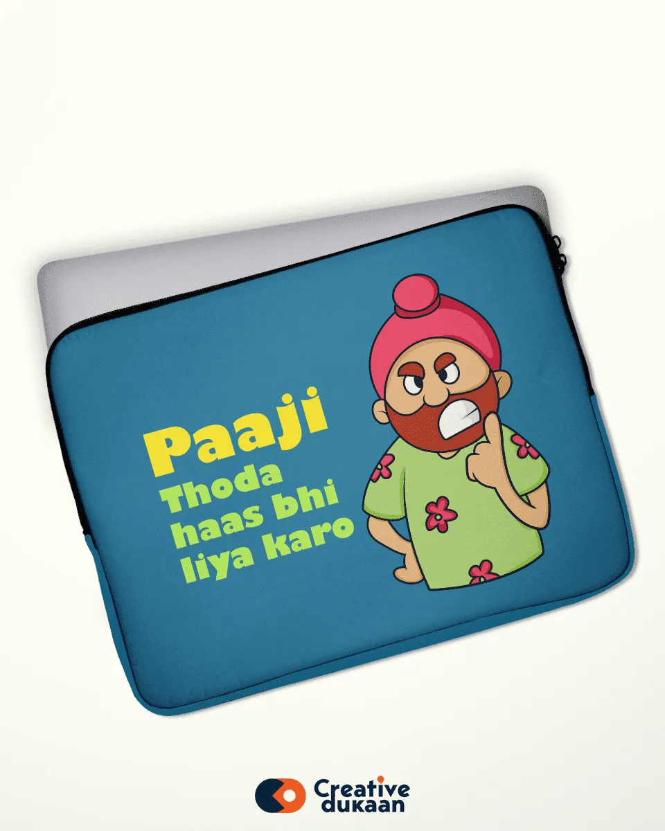 Quirky Blue Laptop Sleeves with Tagline "Paaji Thoda Hass Bhi Liya Karo"