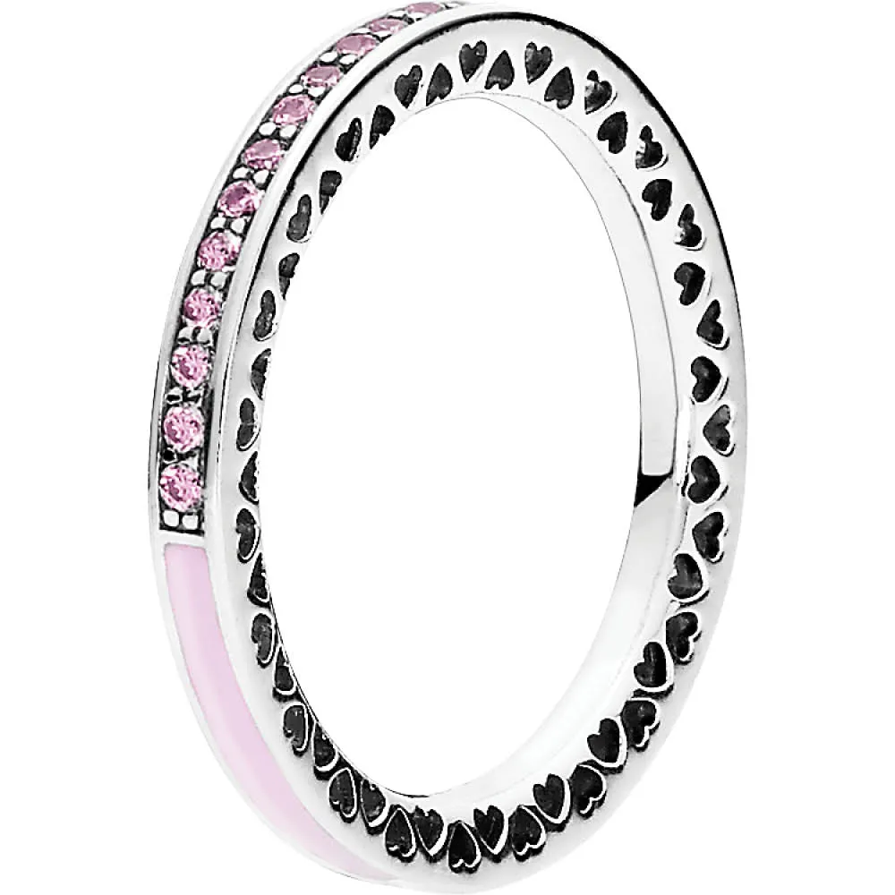 Radiant Hearts Of Pandora Silver Ring Band W Pink Cz & Pink Enamel