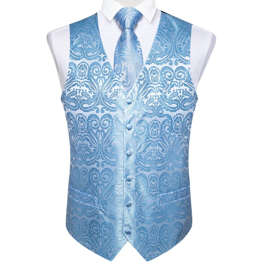 Radiant Sky Blue Paisley Silk Vest Set