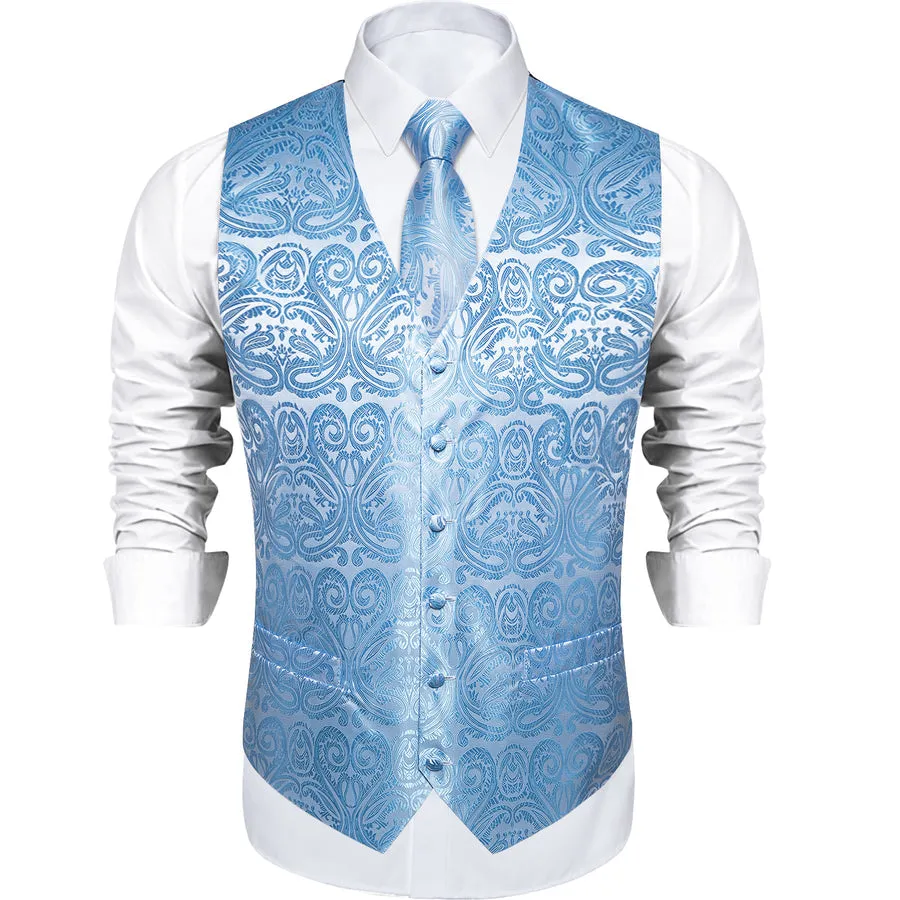 Radiant Sky Blue Paisley Silk Vest Set